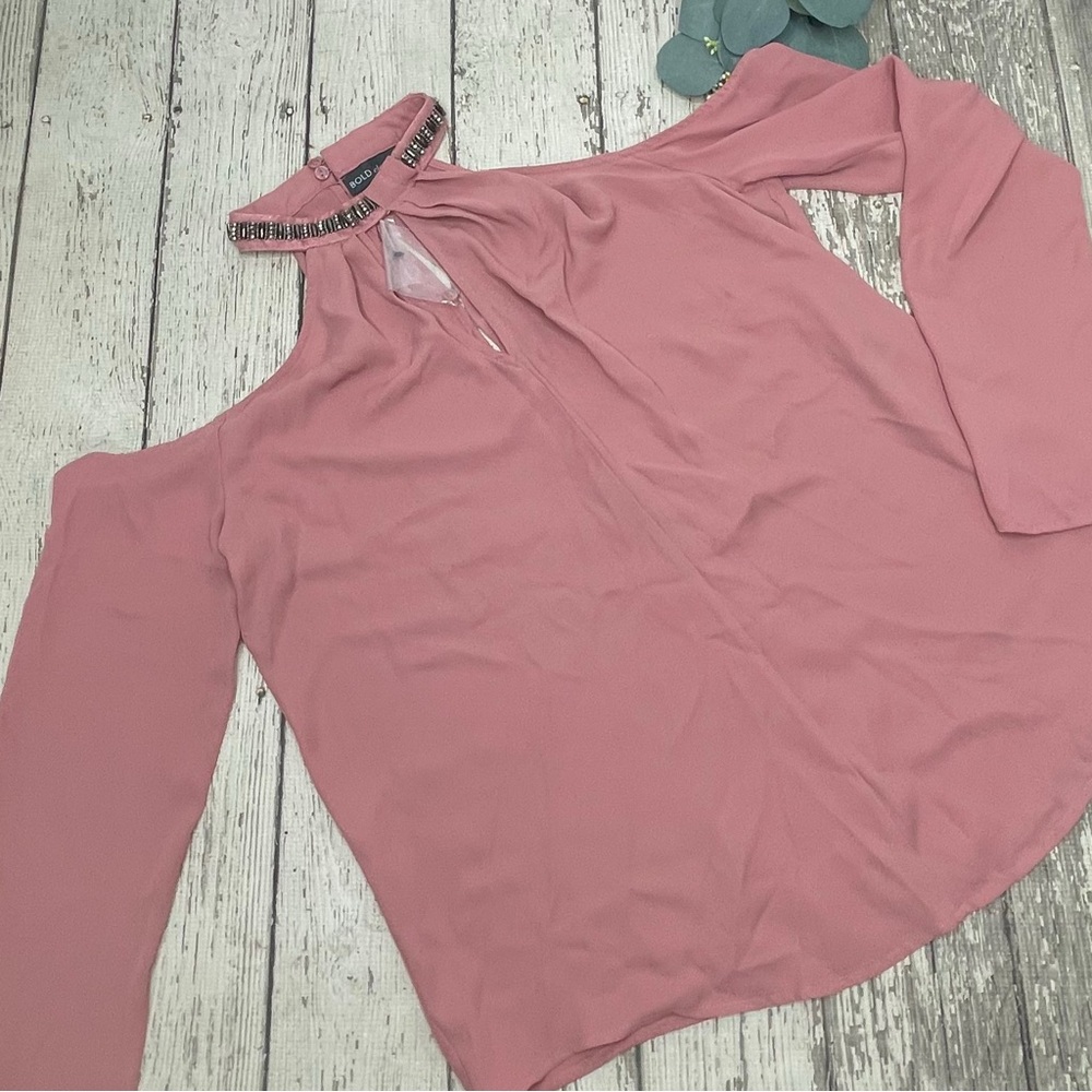 Bold Elements Cold Shoulder Beaded Collar Top